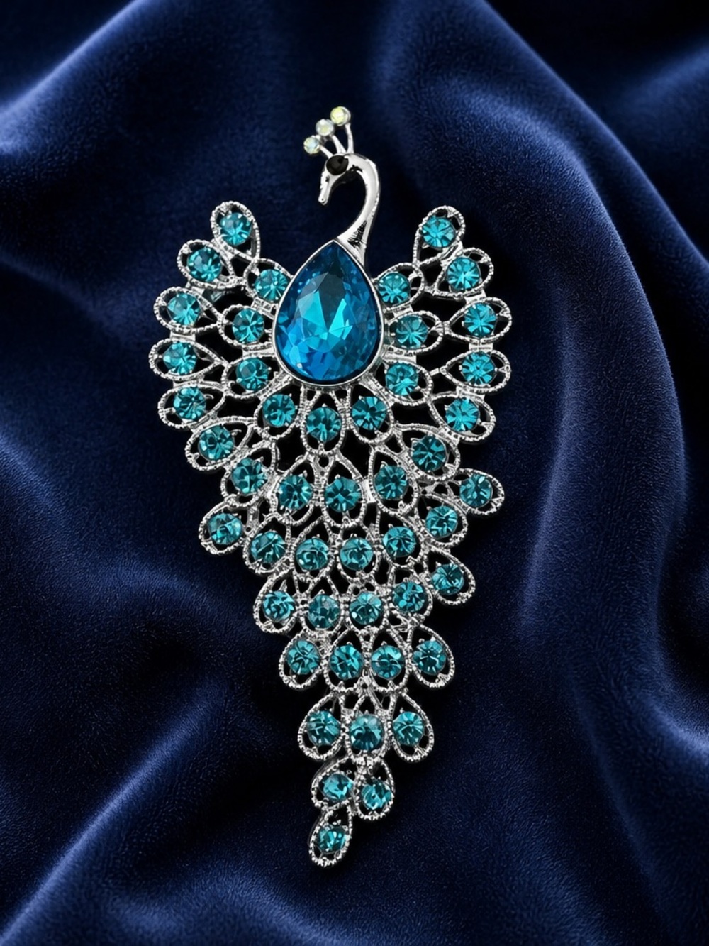 Fashion Jewelry Turquoise Peacock Crystal Brooch - Silver-Tone